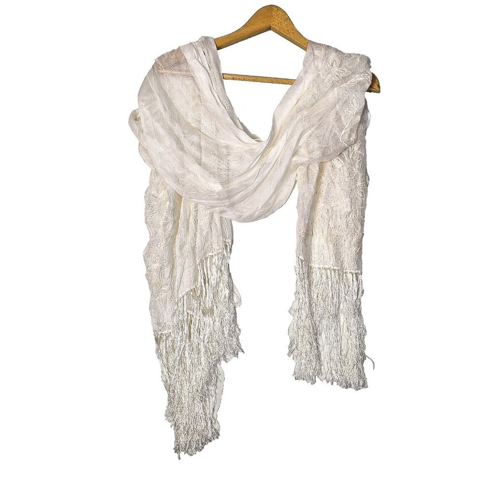 VTG NEW Giorgio Armani Ivory Silk Lace Shawl Scarf Embroidery 27”x 58” Italy